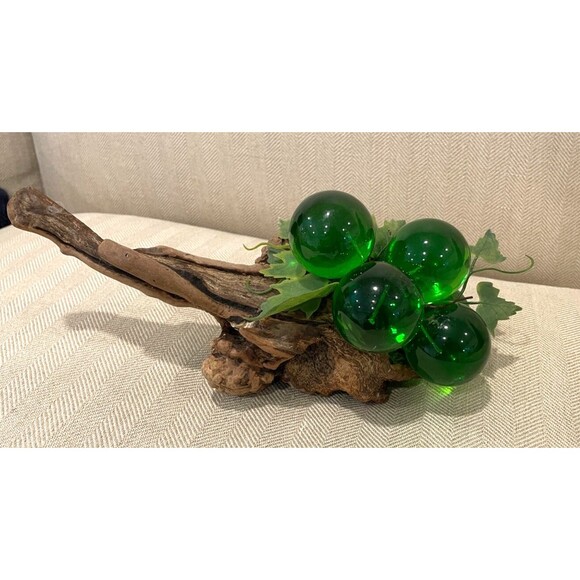 RARE Vintage Large Green Lucite Grape Cluster on Driftwood Burl Wood MCM Retro - Picture 1 of 11